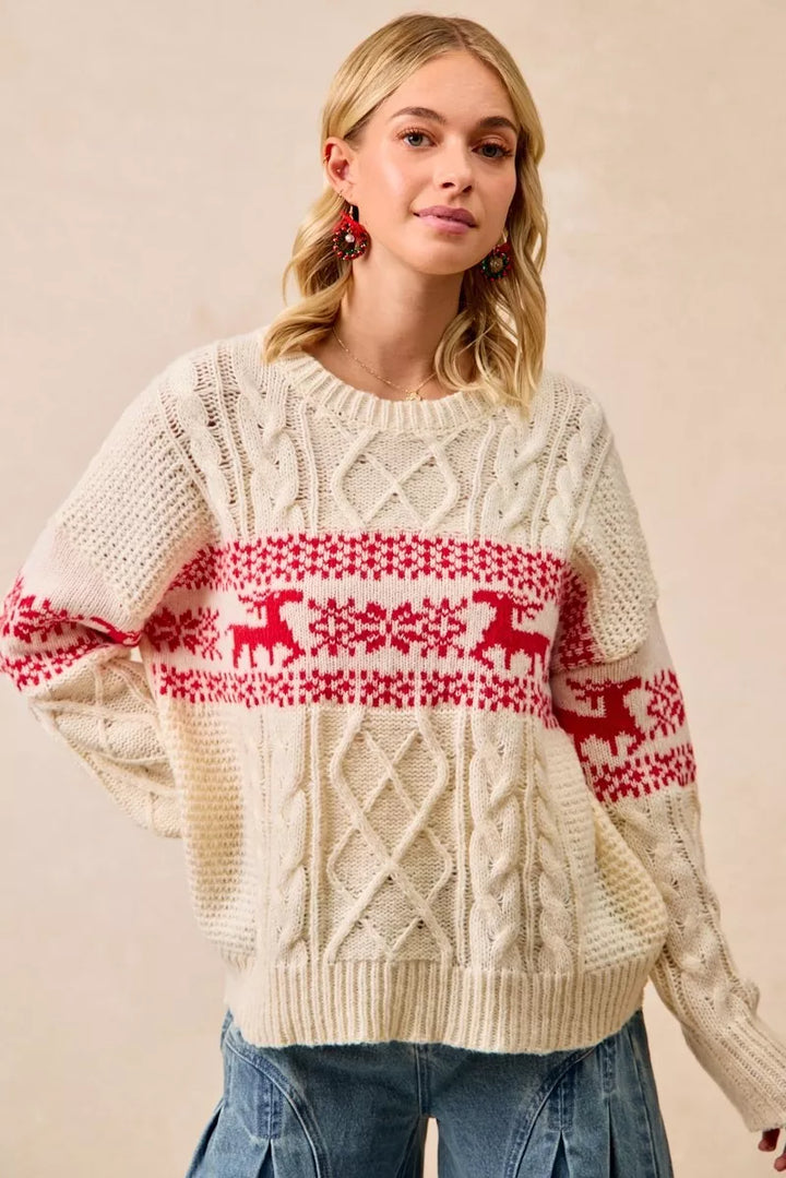 Red Bibi Christmas Theme Patterned Cable Knit Sweater