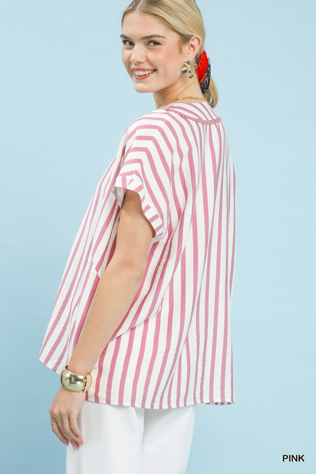 Pink Umgee Mixed Stripe Split Neck Oversized Blouse