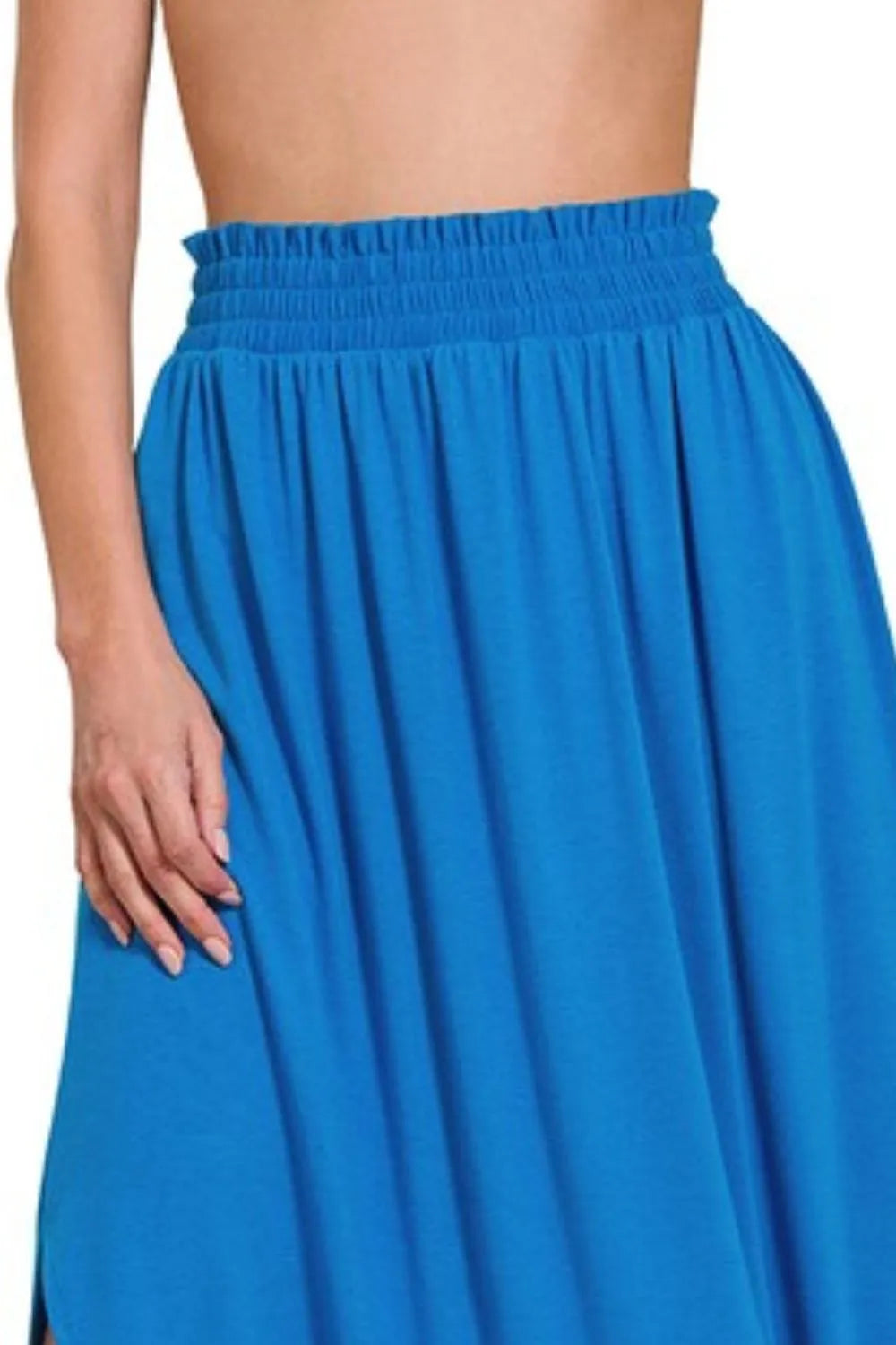 Ocean Blue Zenana Smocked Waist Side Slit Maxi Skirt With Pockets