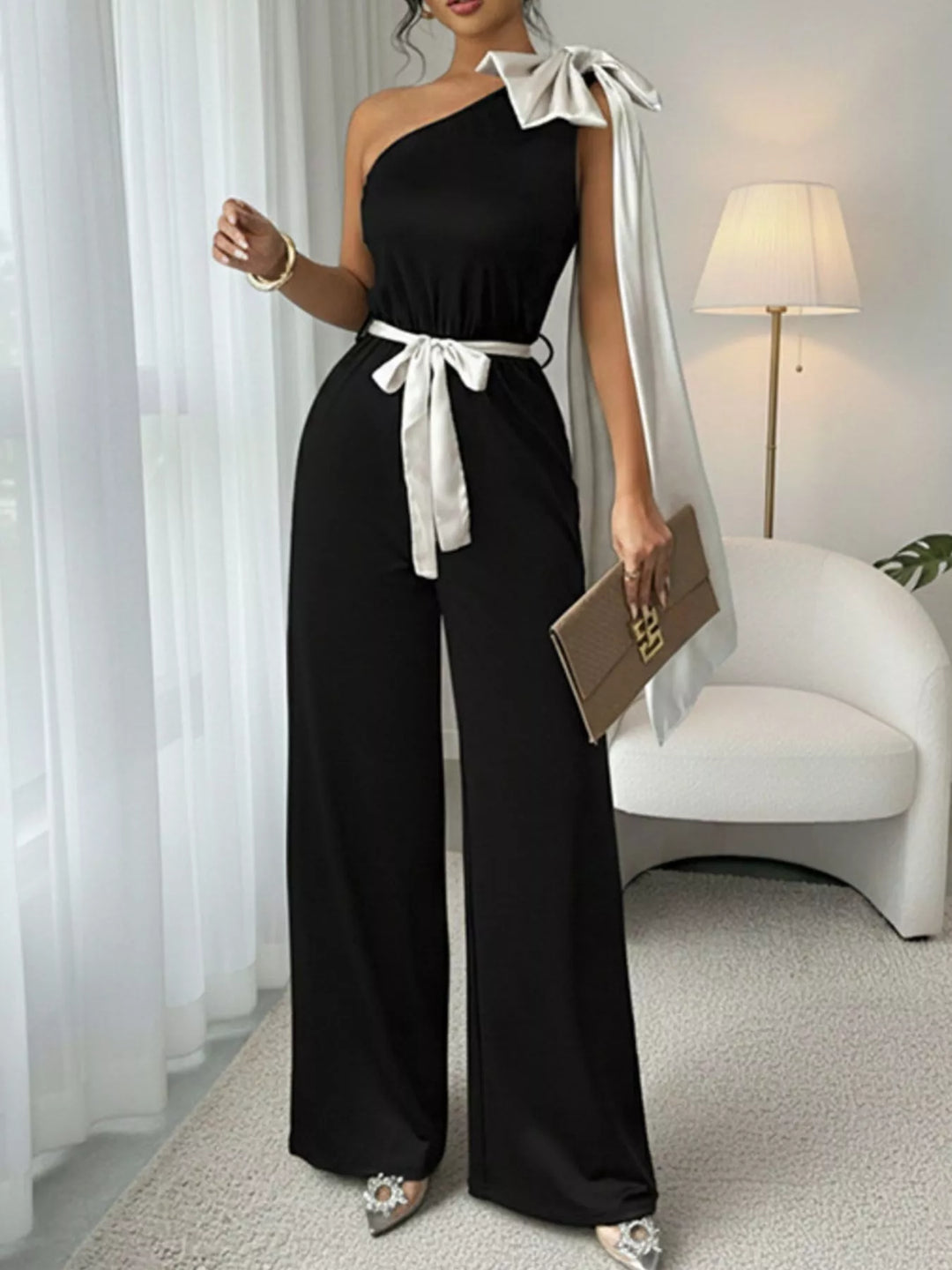 Black One Shoulder Bowknot Wide Leg Jumpsuit