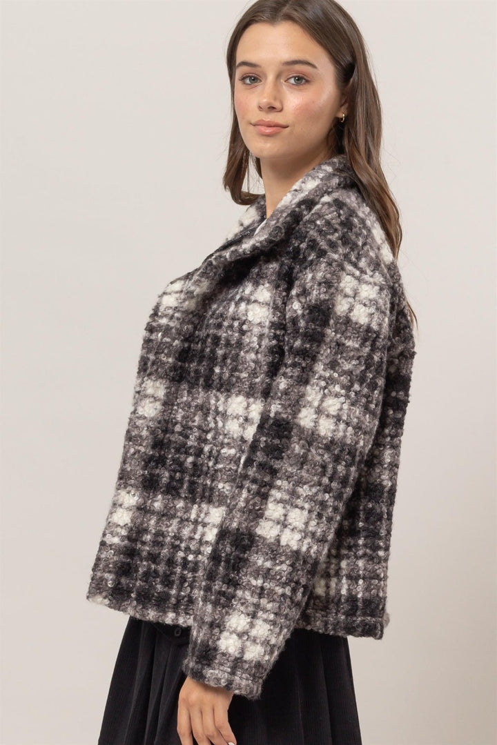 Black Hyfve Plaid Collared Neck Boucle Jacket With Pockets 1