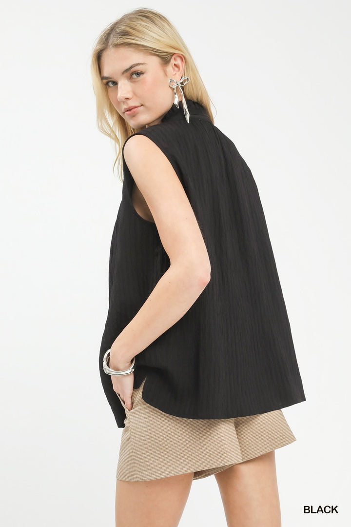 Black Umgee Sleeveless Textured Split Neck Top 2