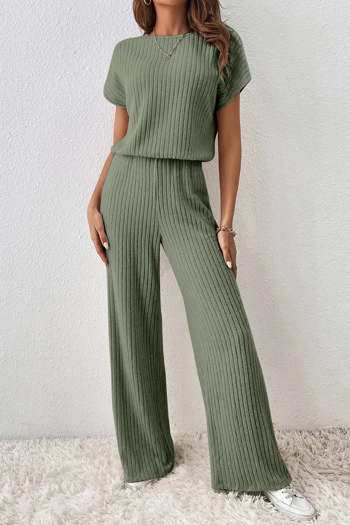 Dusty Blue Ribbed Short Sleeve Wide Leg Jumpsuit