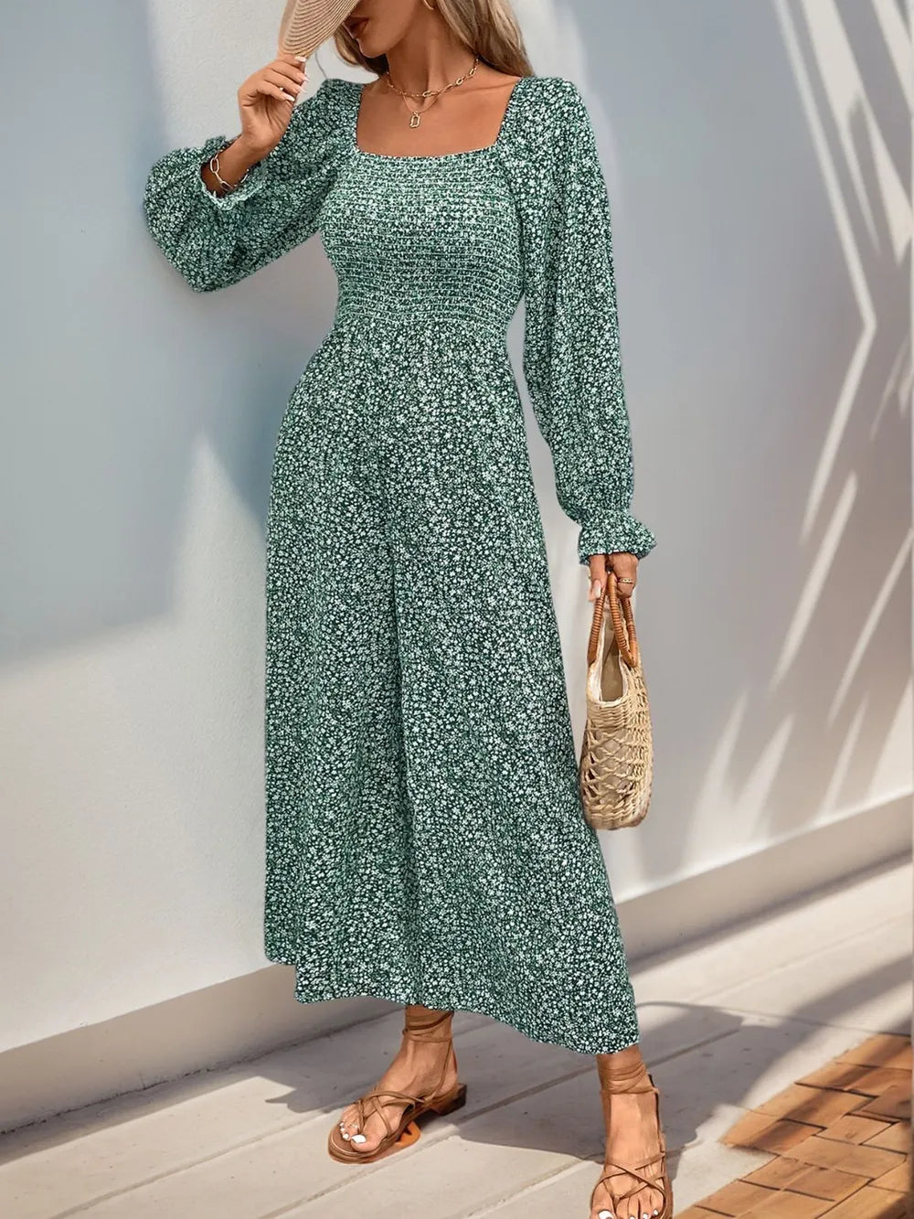 Turquoise Perfee Smocked Printed Long Sleeve Wide Leg Jumpsuit