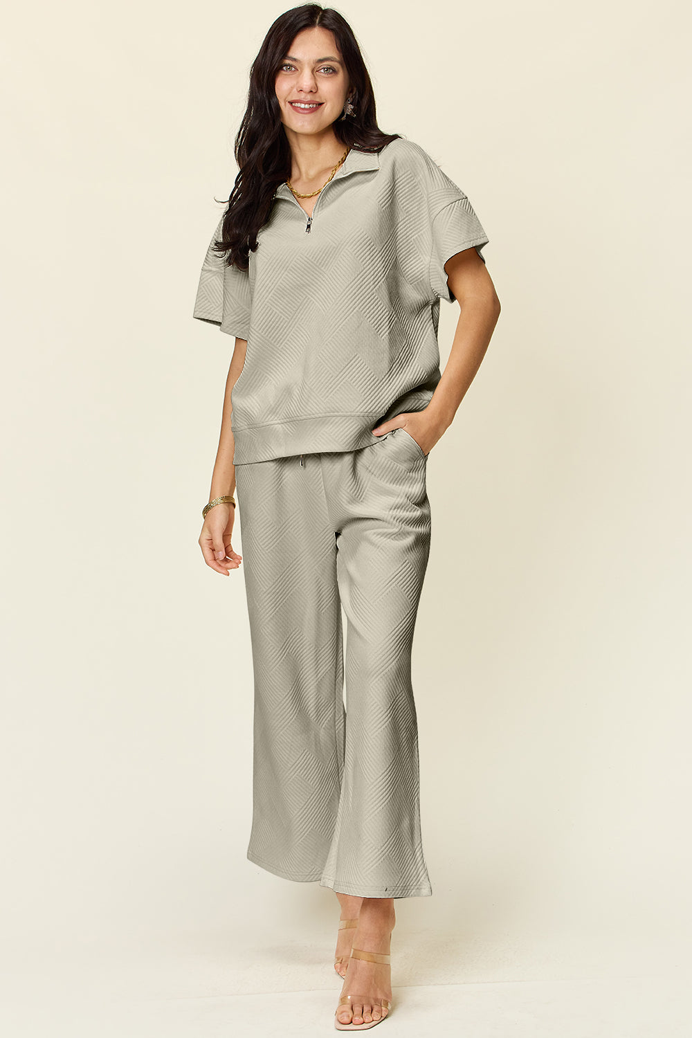 Mist Green Double Take Full Size Texture Half Zip Short Sleeve Top And Pants Set