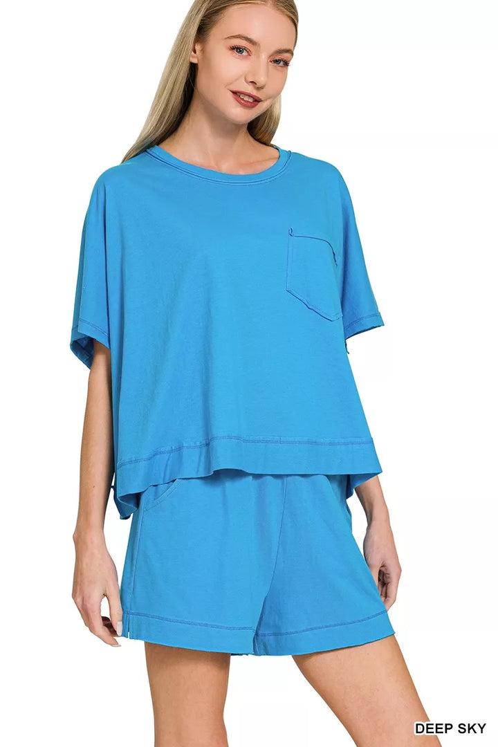 Deep Sky Zenana Exposed Seam Boxy Top Shorts Set 1