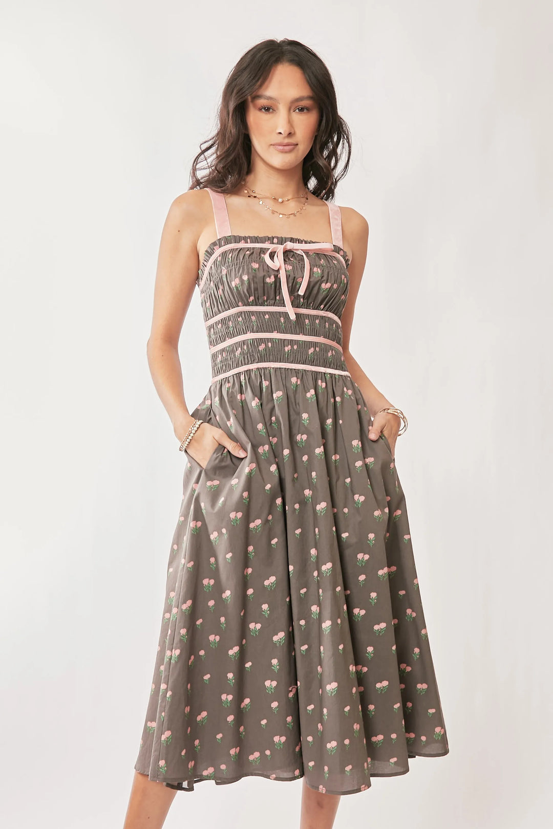 Davi Dani Contrast Velvet Tape Smocking Bodice Midi Dress 1