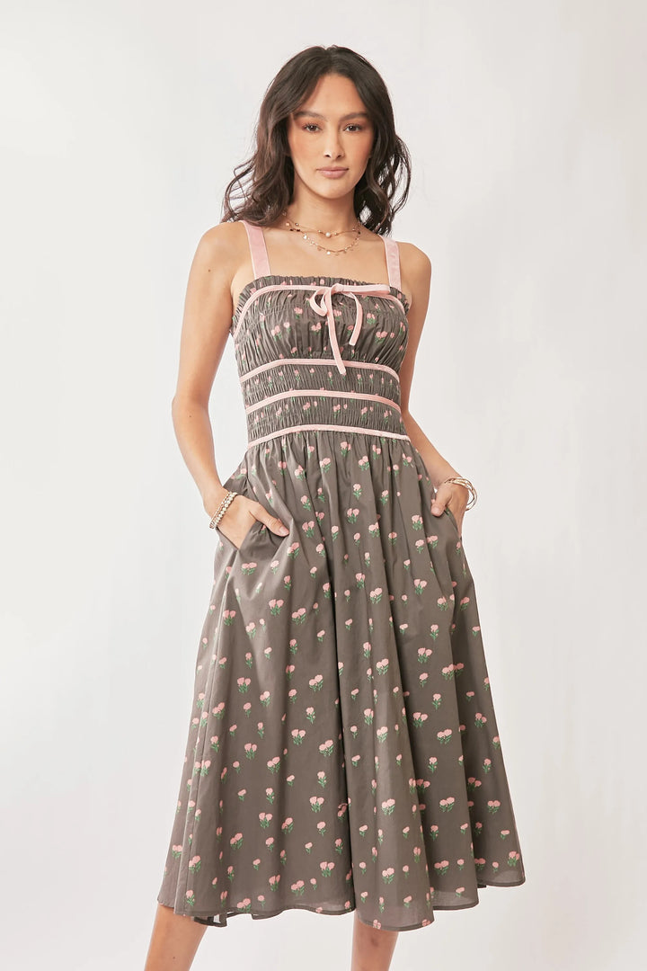 Davi Dani Contrast Velvet Tape Smocking Bodice Midi Dress 1