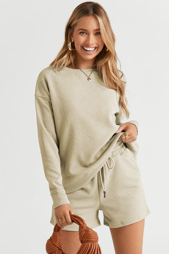 Tan Double Take Full Size Texture Long Sleeve Top And Drawstring Shorts Set