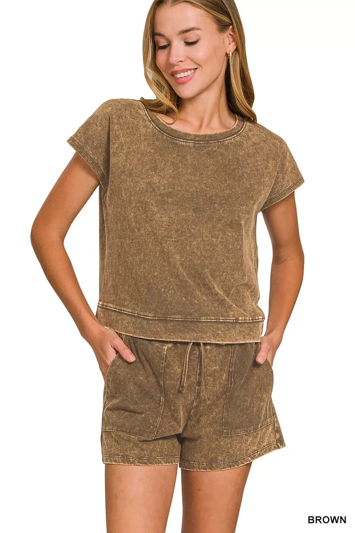 Brown Zenana Premium Cotton Washed Sleeveless Top Shorts Set