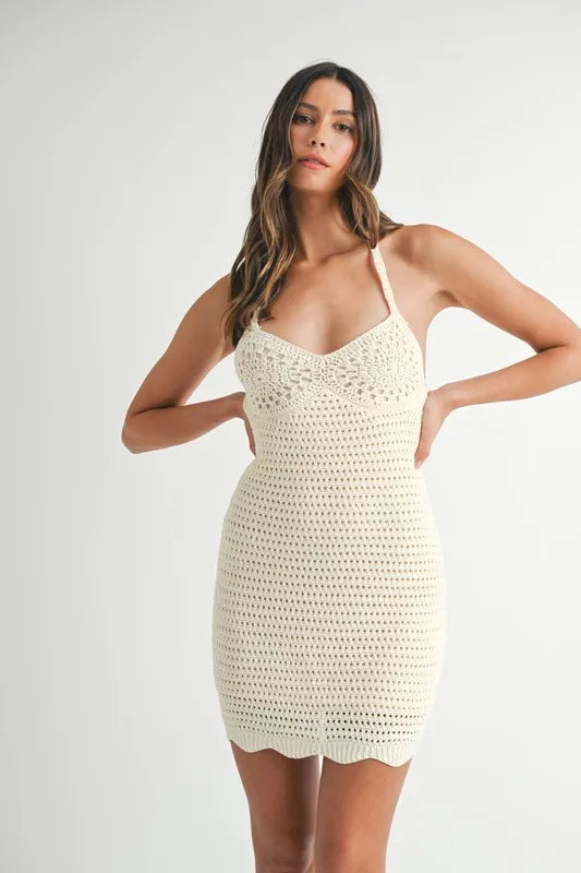 Cream Mable Crochet Crisscross Spaghetti Strap Mini Dress 1