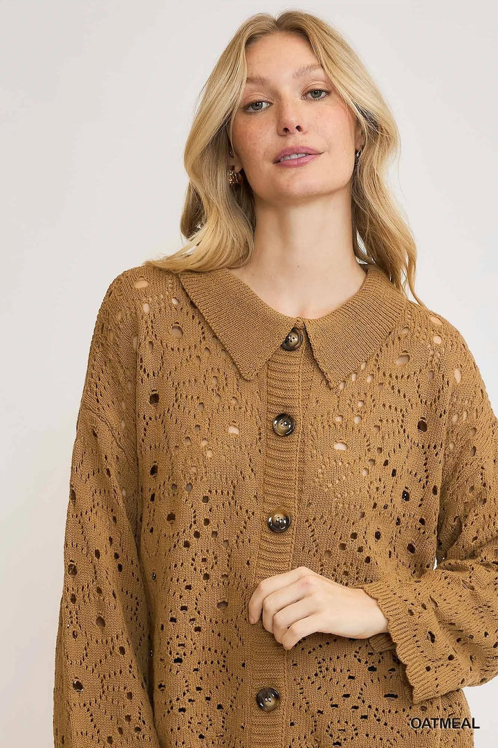 Oatmeal Umgee Crochet Button Down Knit Cardigan