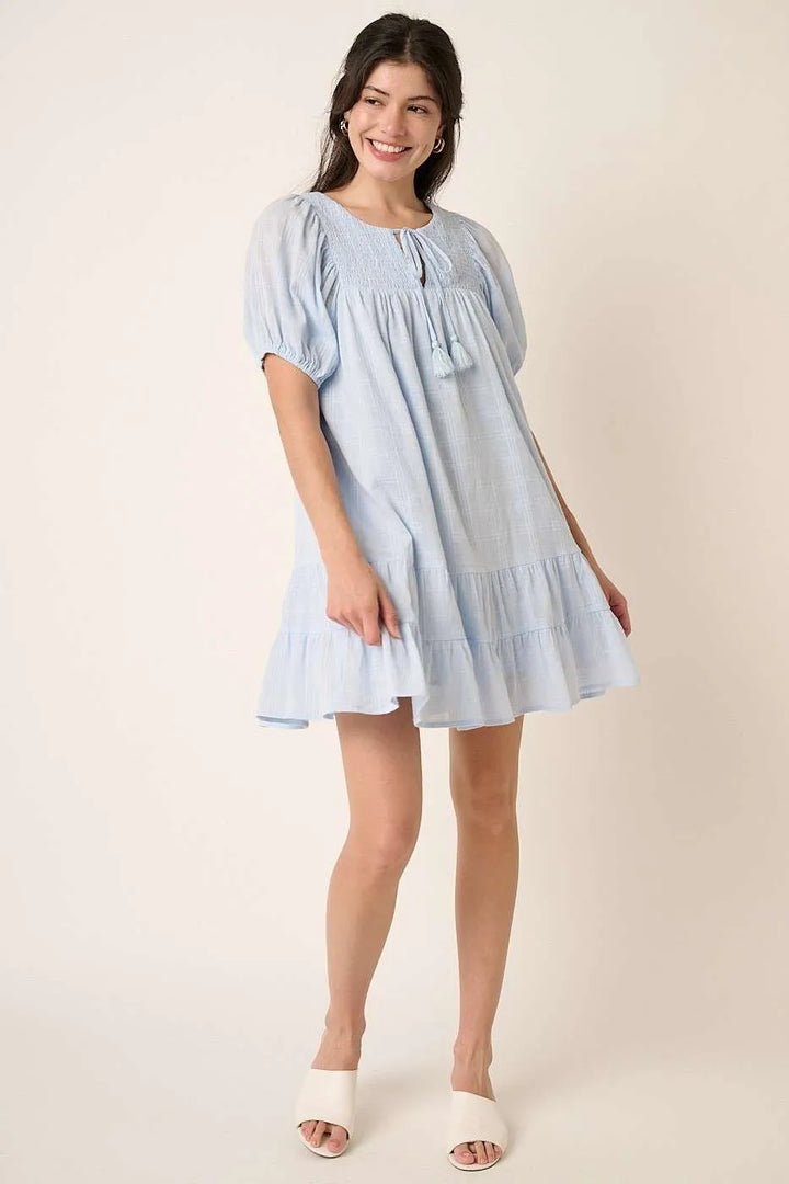Mittoshop Tassel Tie Plaid Gauze Short Sleeve Mini Dress 1