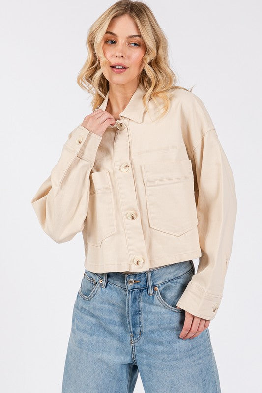 Tan Bytos Button Down Cropped Denim Jacket With Patch Pockets 2