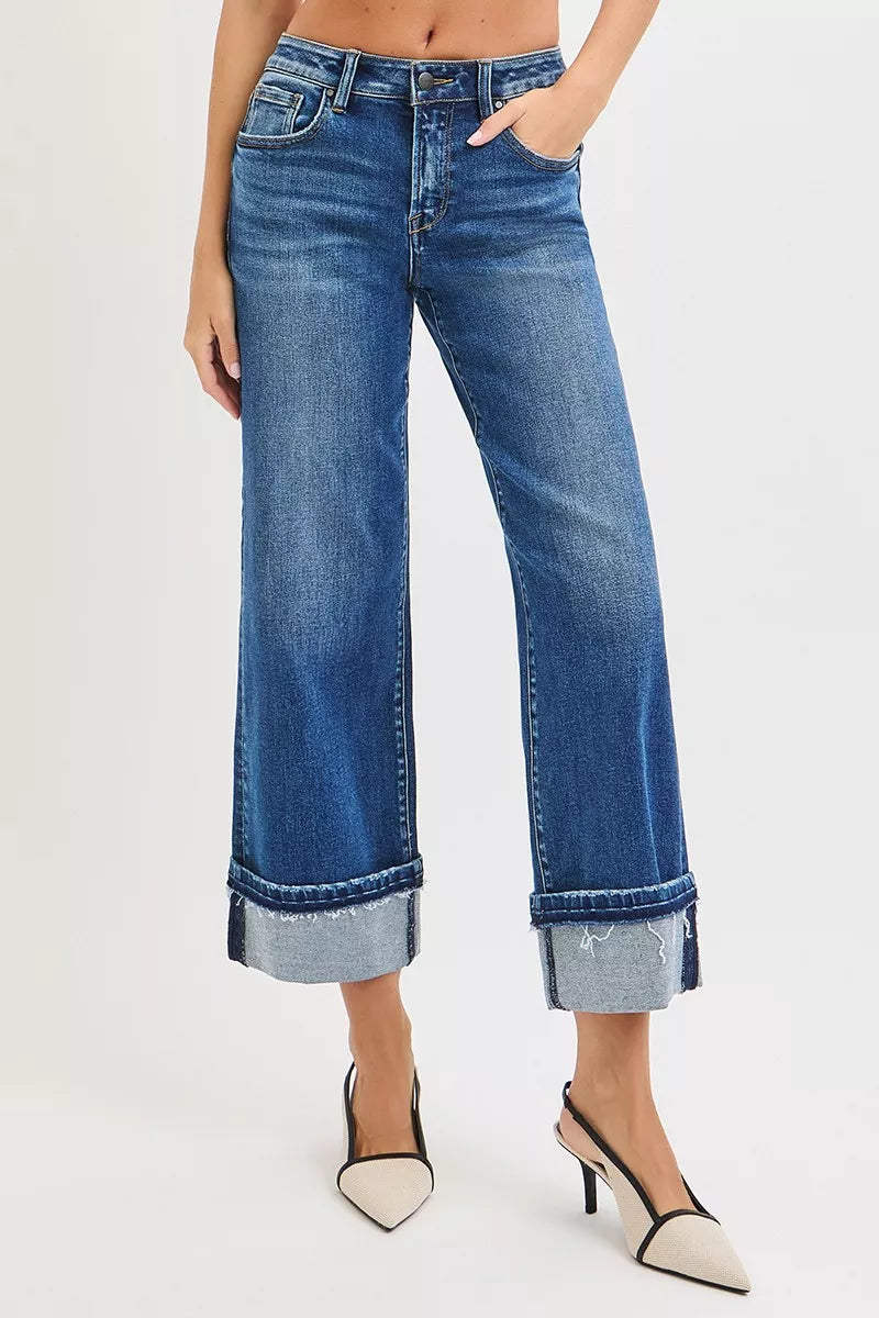 Dark Risen Mid Rise Ankle Straight Jeans With Cuffed Hem
