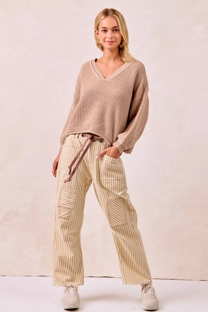 Bibi Drawstring Striped Twill Barrel Pants 2