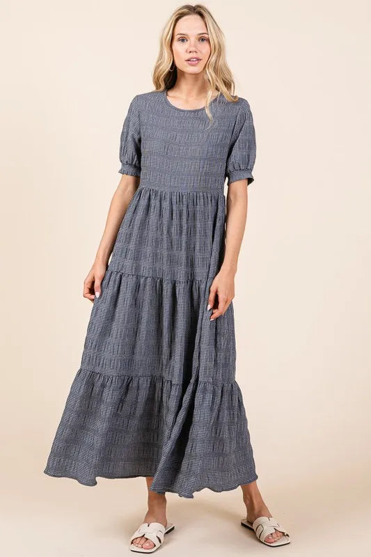 Charcoal Bombom Textured Short Sleeve Tiered Dress 1
