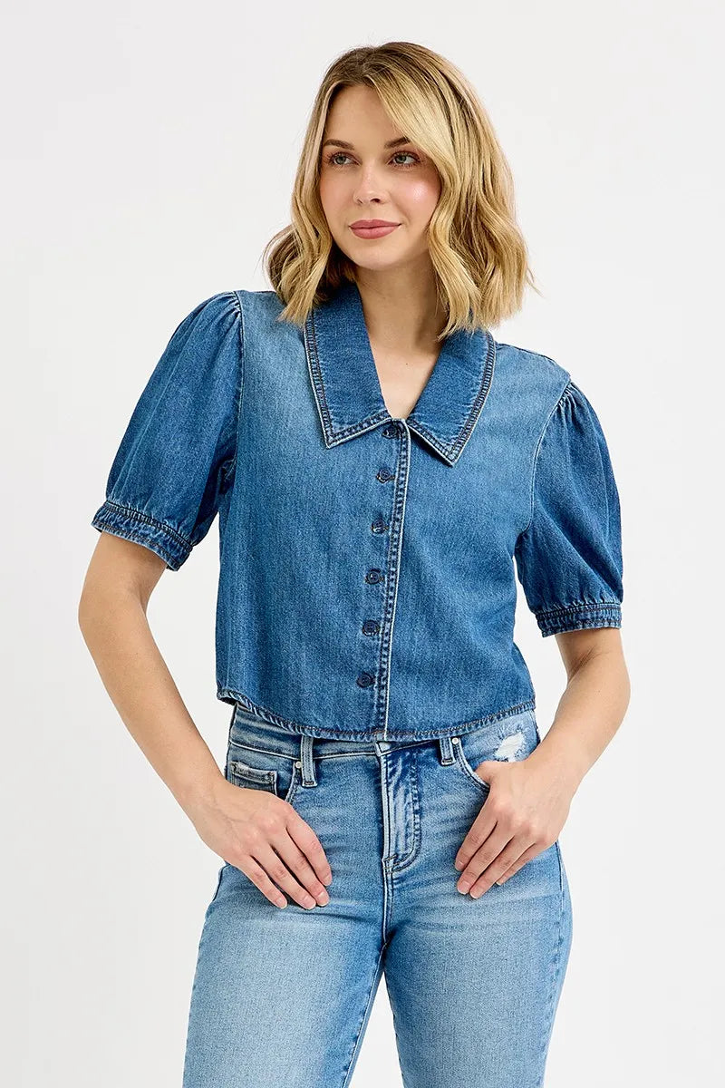 Medium Risen Button Down Puff Sleeve Crop Denim Shirt