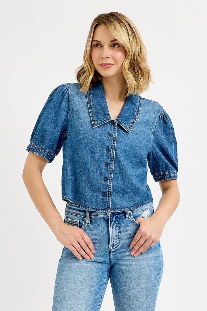 Medium Risen Button Down Puff Sleeve Crop Denim Shirt