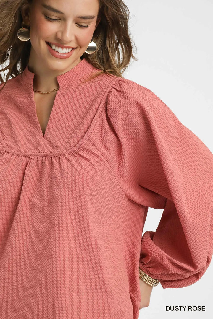 Umgee Textured Notched Blouse With Balloon Sleeves
