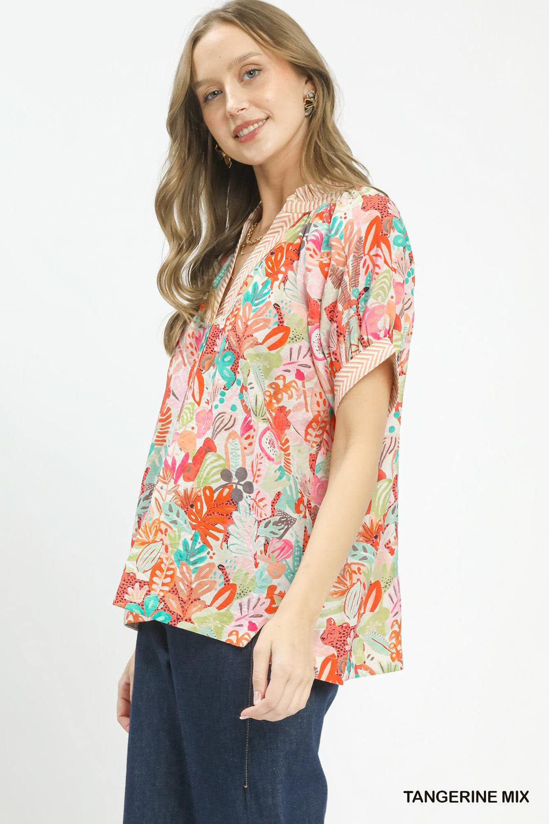 Tangerine Mix Umgee Mix Boho Printed V Neck Top