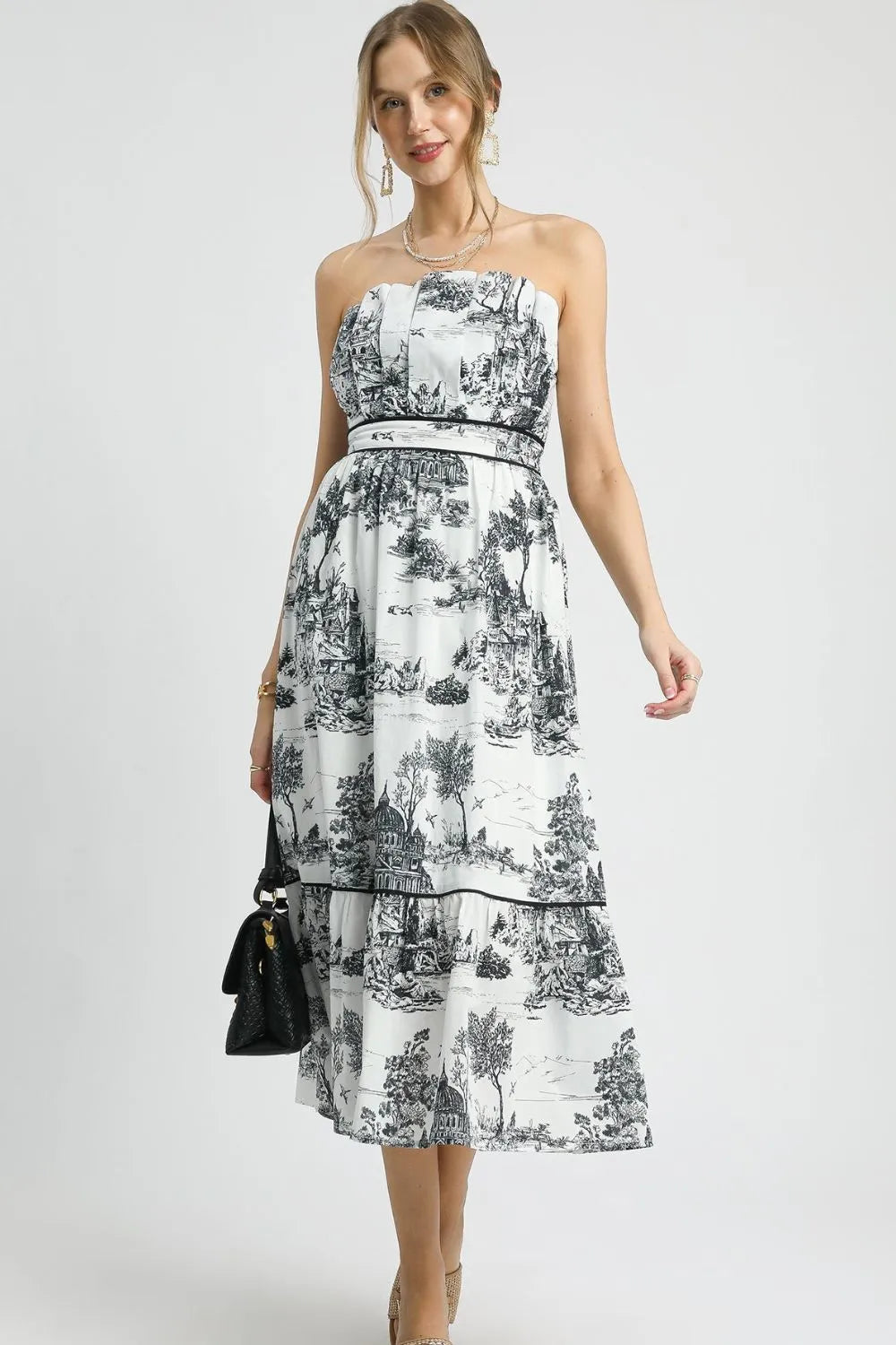 Black Umgee Printed Tiered Tube Midi Dress 1