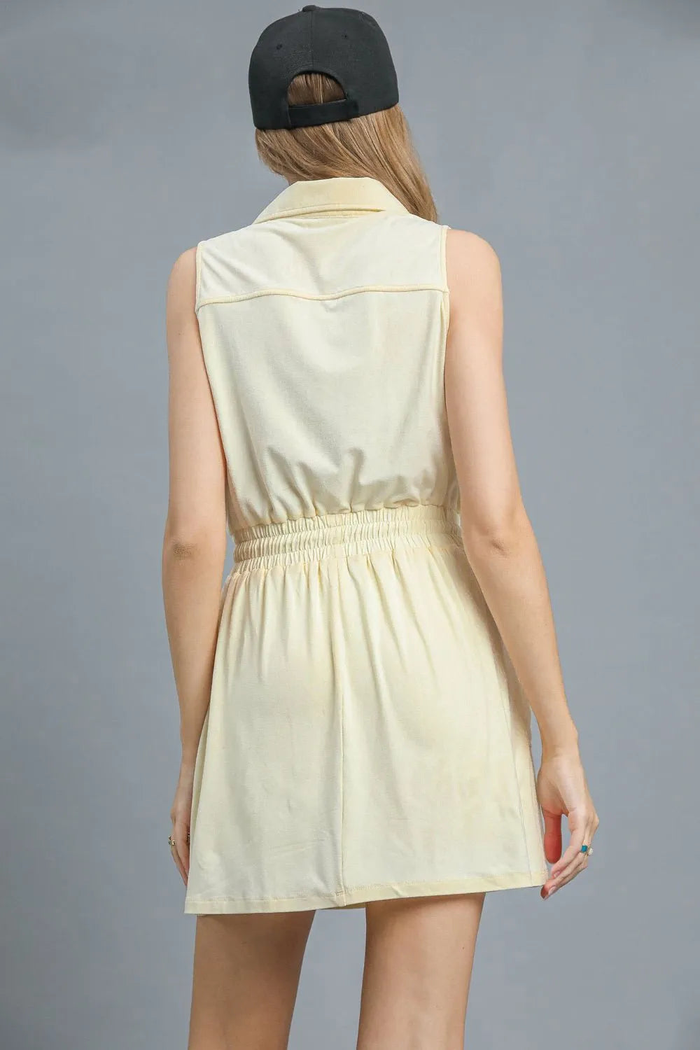 Pastel Yellow Umgee Zip Front Drawstring Waist Sleeveless Dress