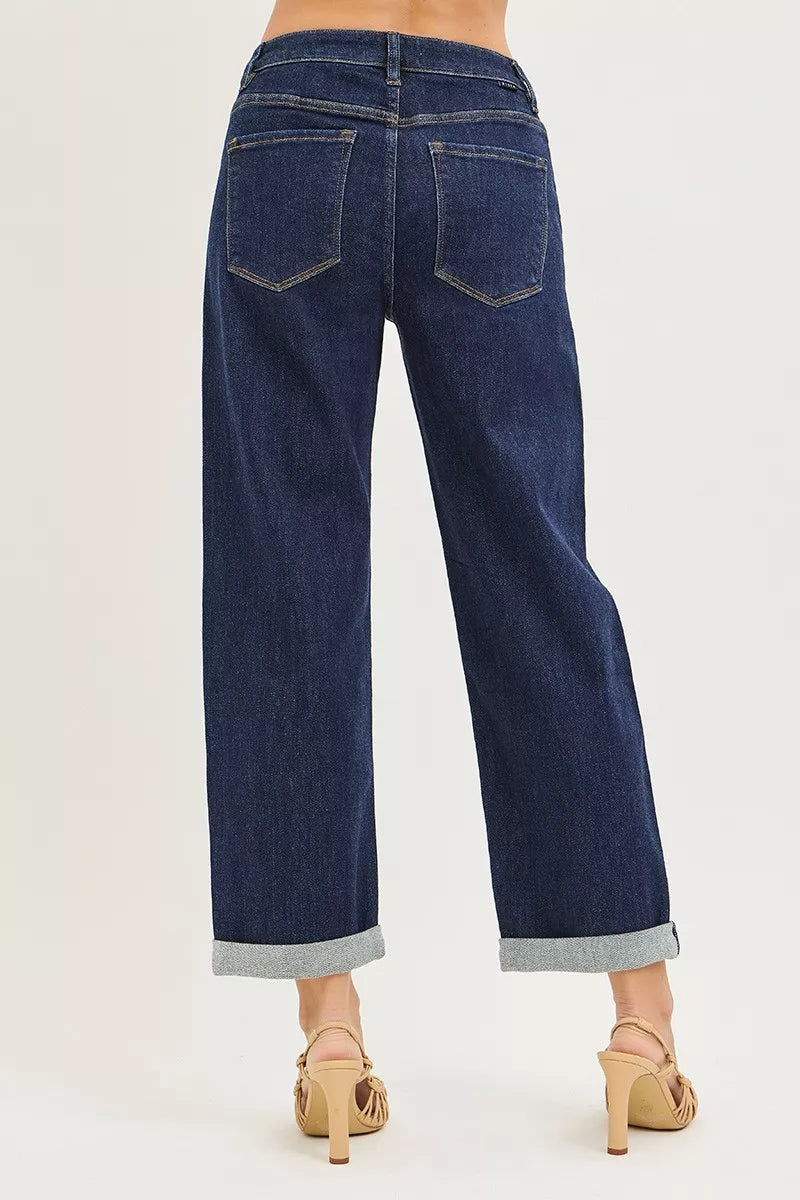 Solid Dark Risen Slouchy Cropped Boyfriend Jeans With Cuffed Hem
