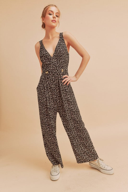 Black Aemi Co Ditsy Floral Surplice Sleeveless Wide Leg Jumpsuit 1