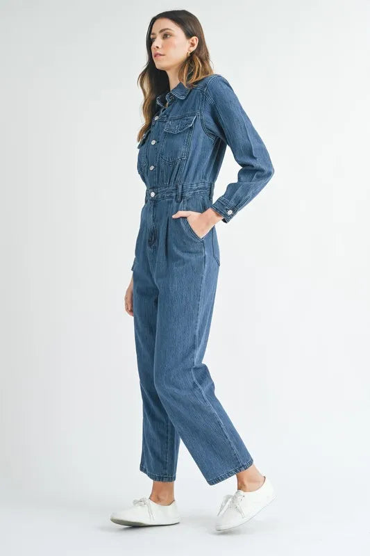 Mable Cinched Waist Straight Leg Denim Jumpsuit