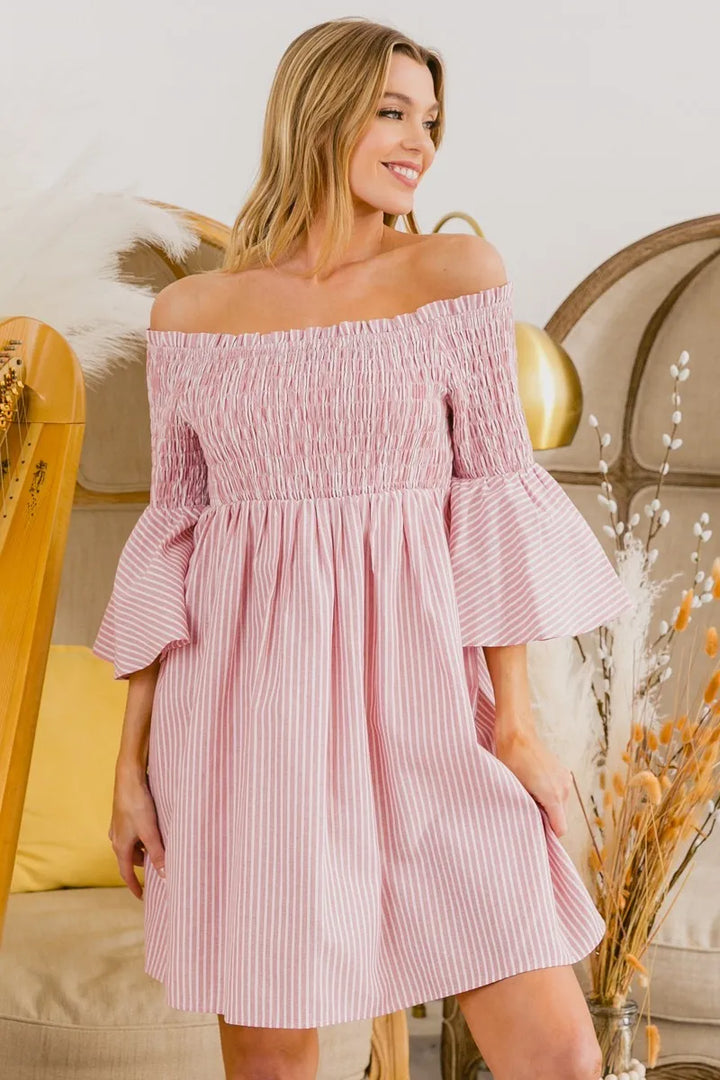 Blush Bibi Smocked Off Shoulder Striped Dress