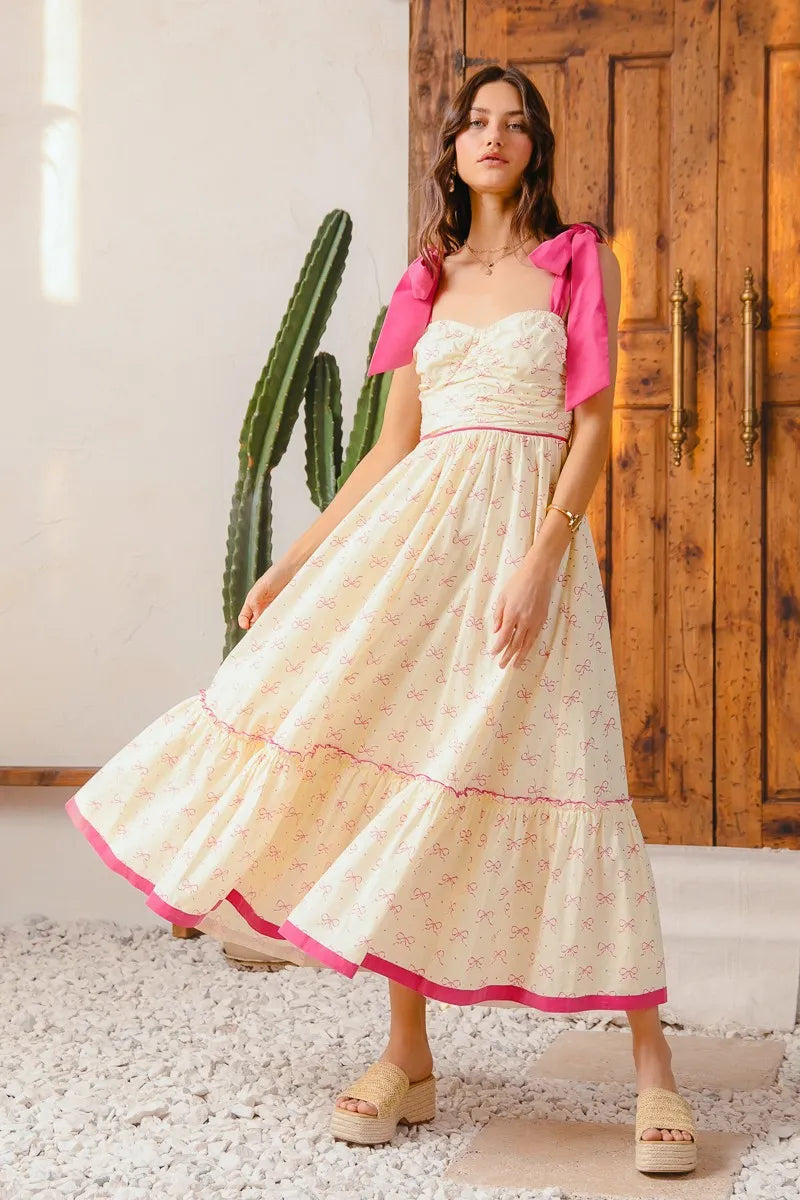 Cream/Pink So Me Ribbon Flowy Maxi Dress With Contrast Trim