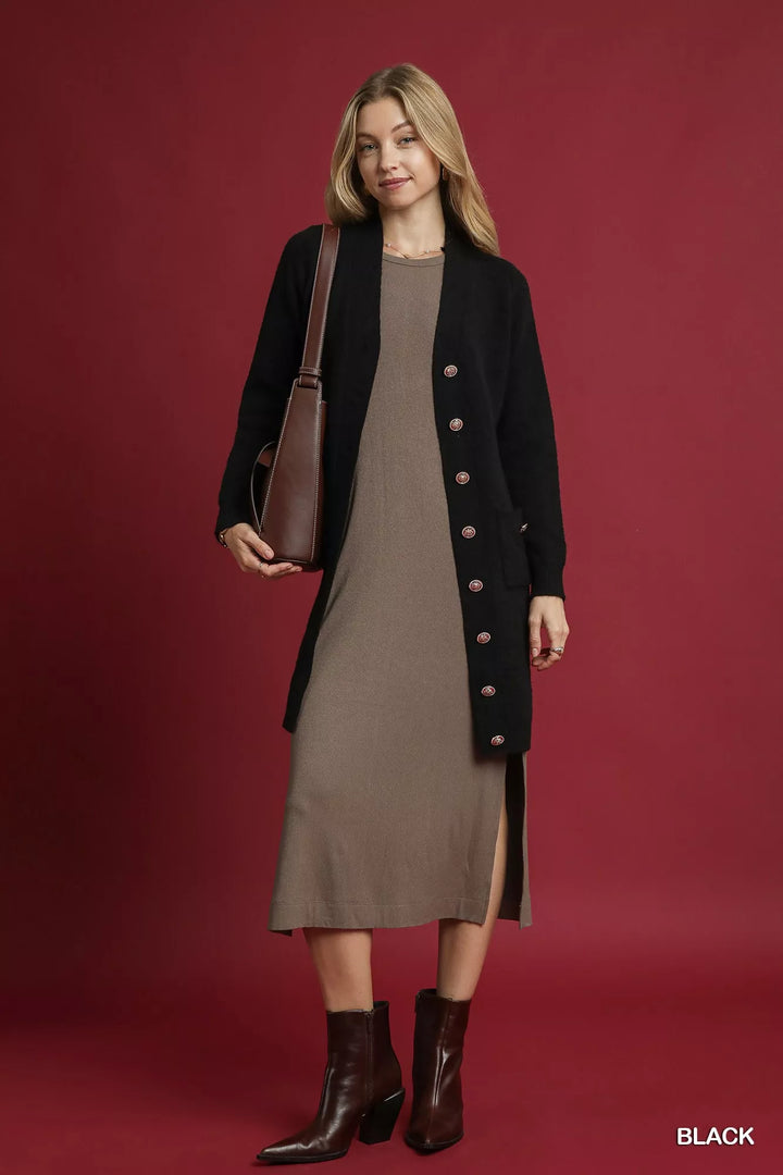 Black Umgee Button Down Longline Sweater Cardigan With Front Pockets 1