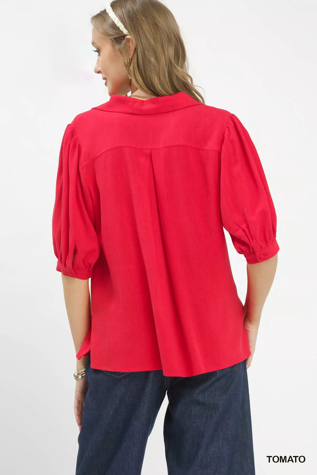 Tomato Umgee Mixed Media V Neck Print Blouse