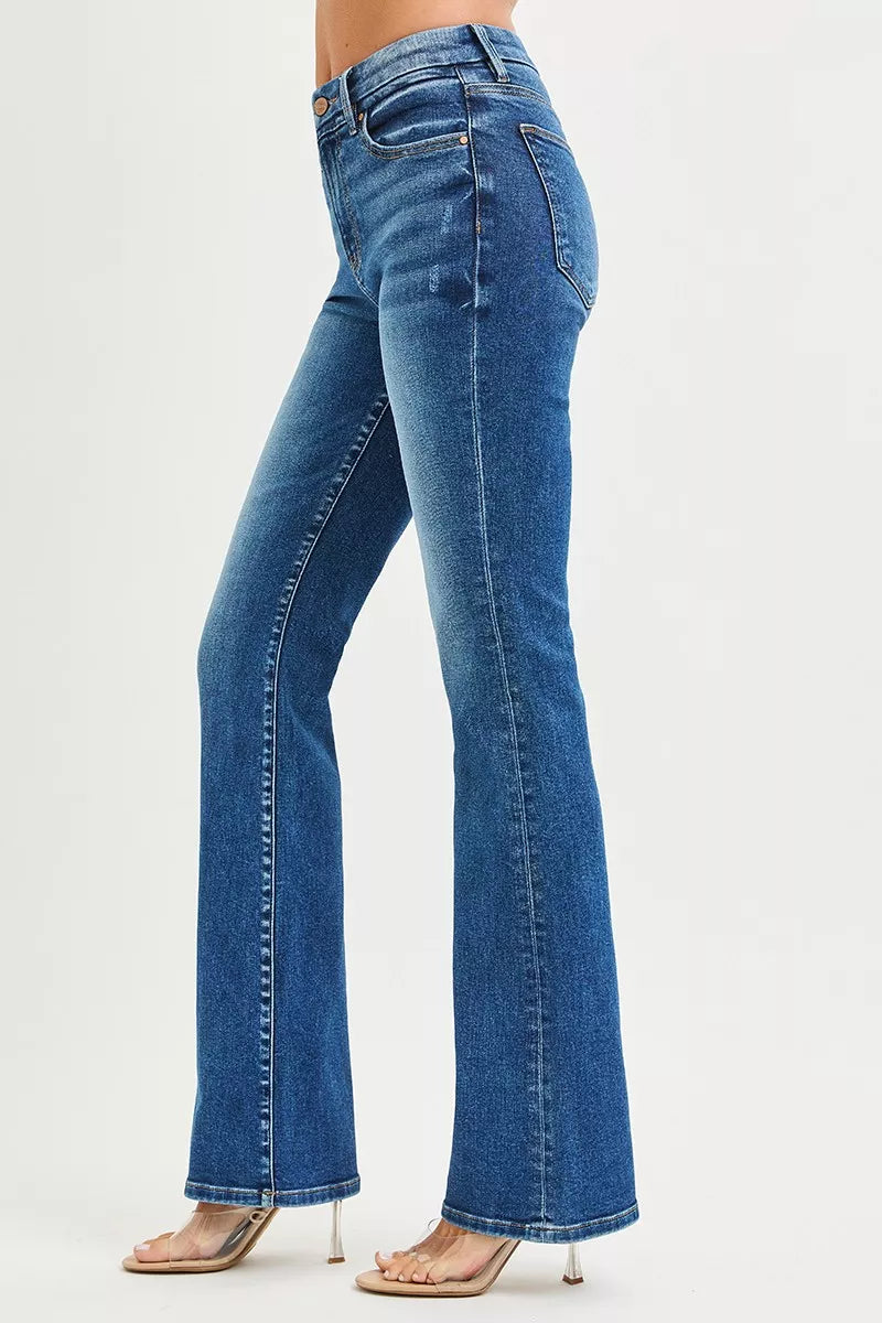Dark Risen High Rise Bootcut Jeans With Distressed Details