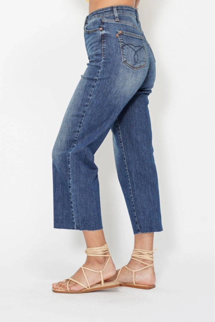 Dark Judy Blue High Waist Back Pocket Embroidery Crop Wide Jeans