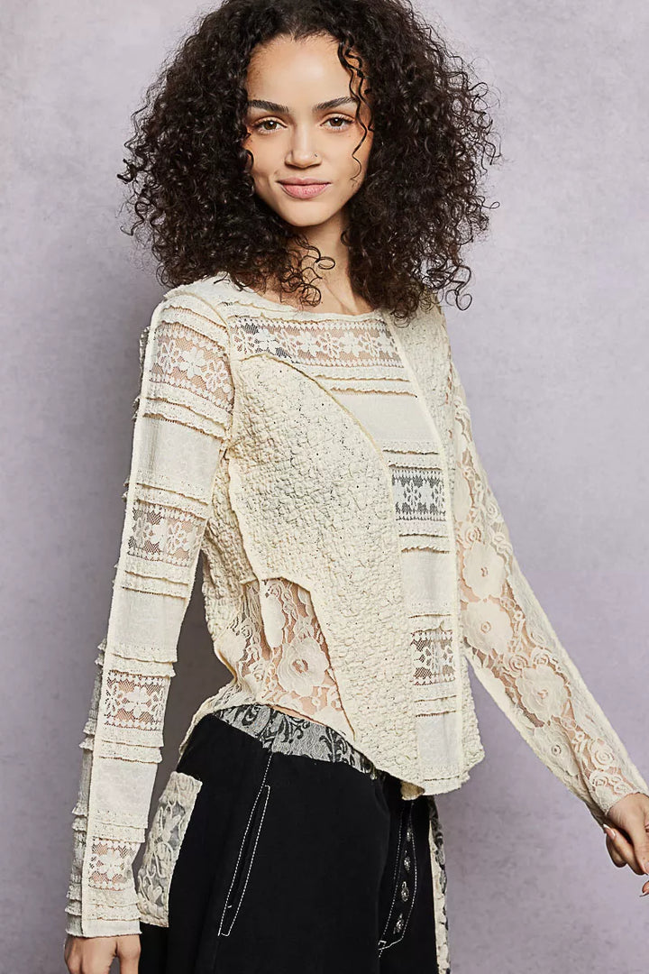 Natural Pol Round Neck Long Sleeve Exposed Seam Top With Lace Detail
