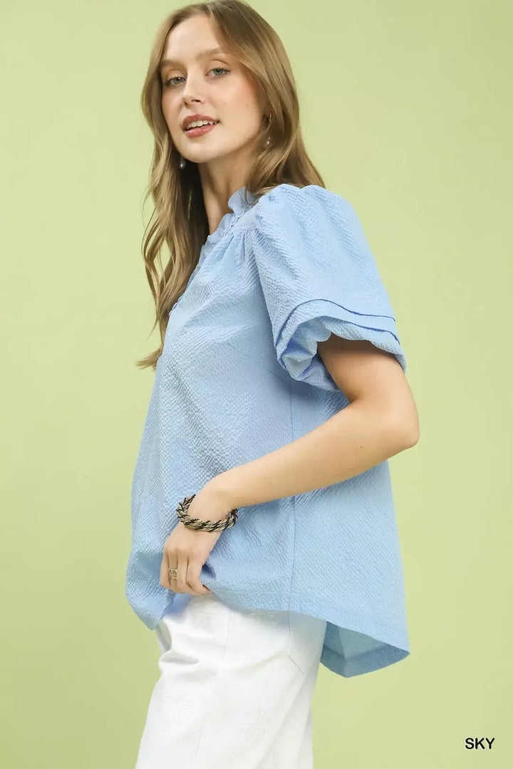 Sky Umgee Textured Scallop Trim Puff Sleeve Blouse 1