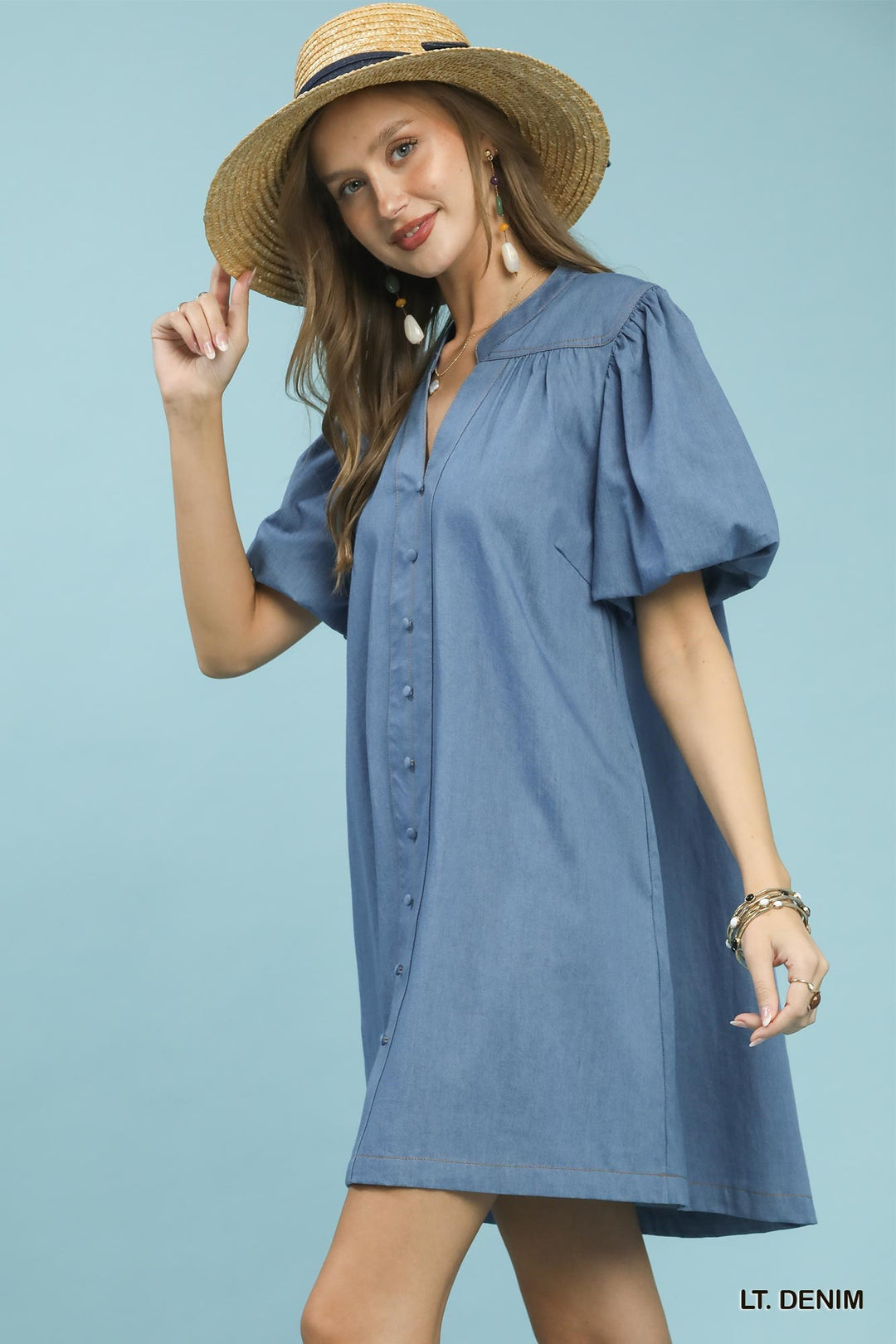 Lt. Denim Umgee Chambray Puff Sleeve Dress