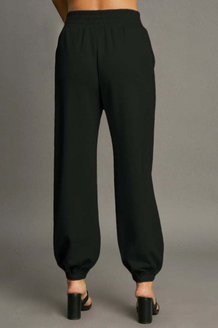 Black Umgee Drawstring Jogger Pants With Front Seam Detail 1