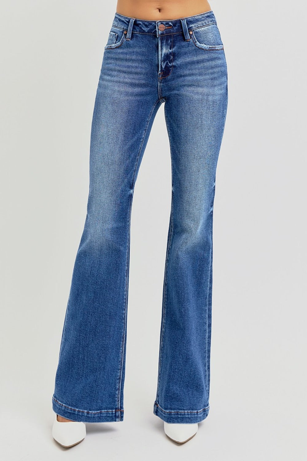 Dark Risen Full Size Low Rise Flare Jeans With Pockets