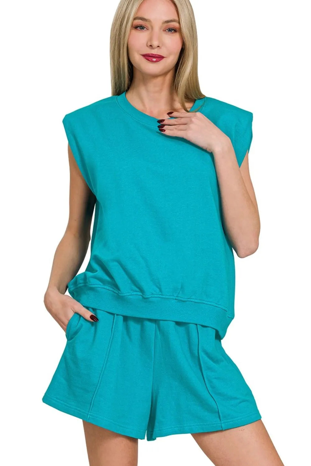 Lt Teal Zenana French Terry Sleeveless Top Shorts Set