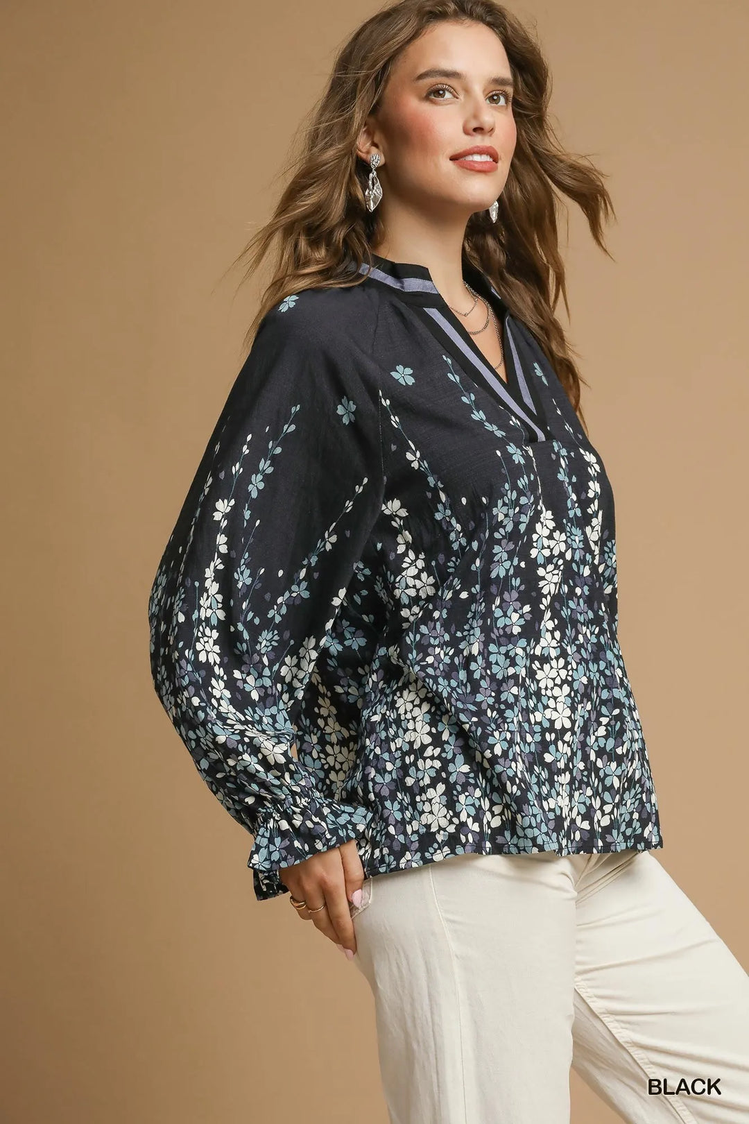 Black Umgee Full Size Floral Vine Print Blouse With Balloon Sleeves Plus Size