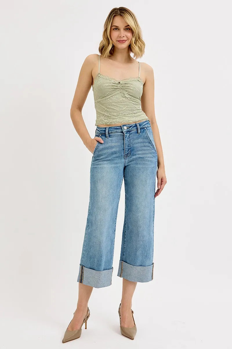 Medium Risen Full Size Tummy Control High Rise Ankle Wide Cuffed Jeans Plus Size