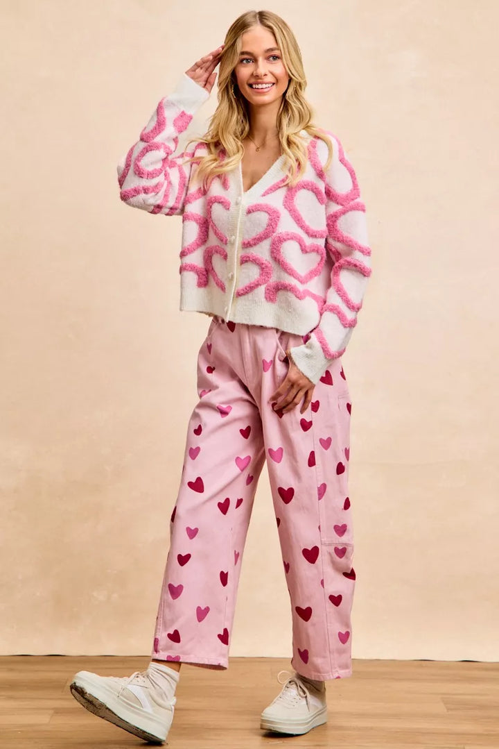 Pink Bibi Textured Heart Buttoned V Neck Cardigan