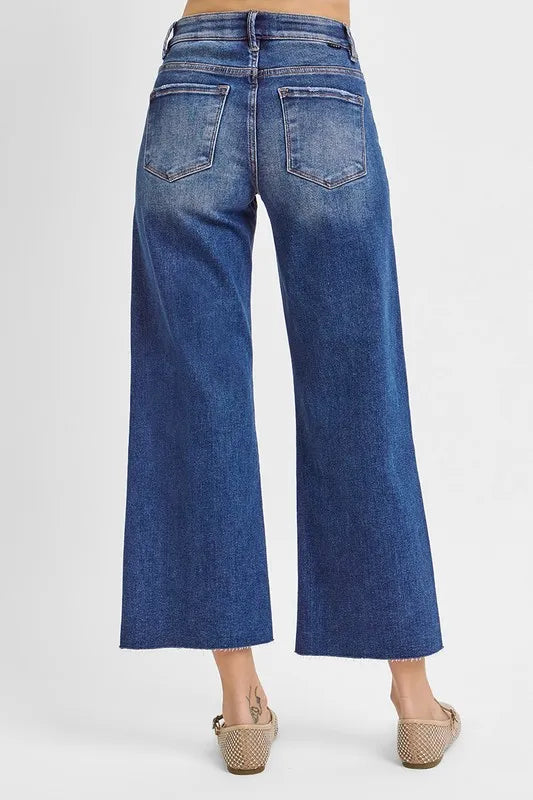 Dark Risen Raw Hem Wide Leg Cropped Jeans