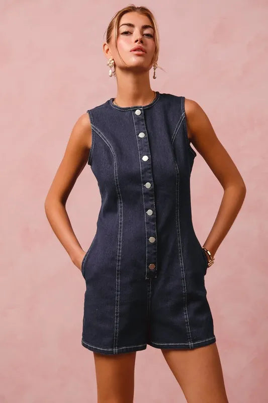 So Me Button Up Front Washed Denim Sleeveless Romper