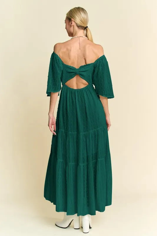 Forest Green Davi Dani Swiss Dotted Ruched Ruffle Open Back Midi Dress 1