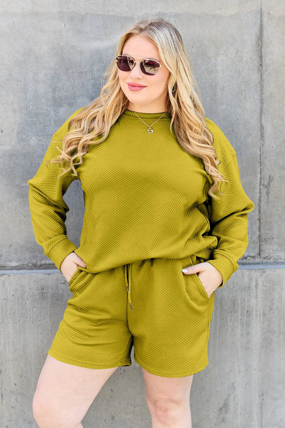 Tan Double Take Full Size Texture Long Sleeve Top And Drawstring Shorts Set
