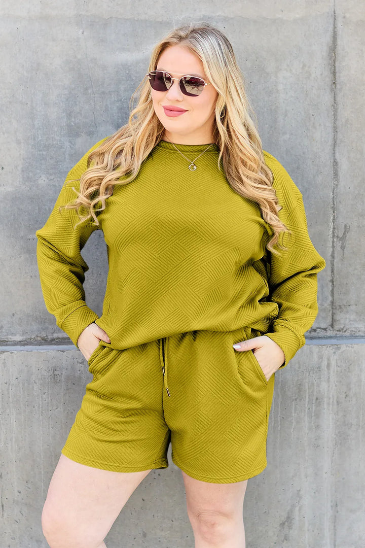 Tan Double Take Full Size Texture Long Sleeve Top And Drawstring Shorts Set
